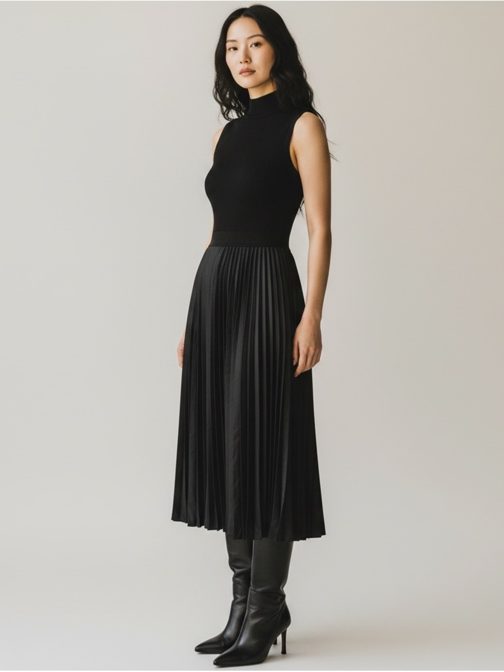 Elie Tahari Black Sleeveless Mixed Media Turtleneck Pleated Midi Dress